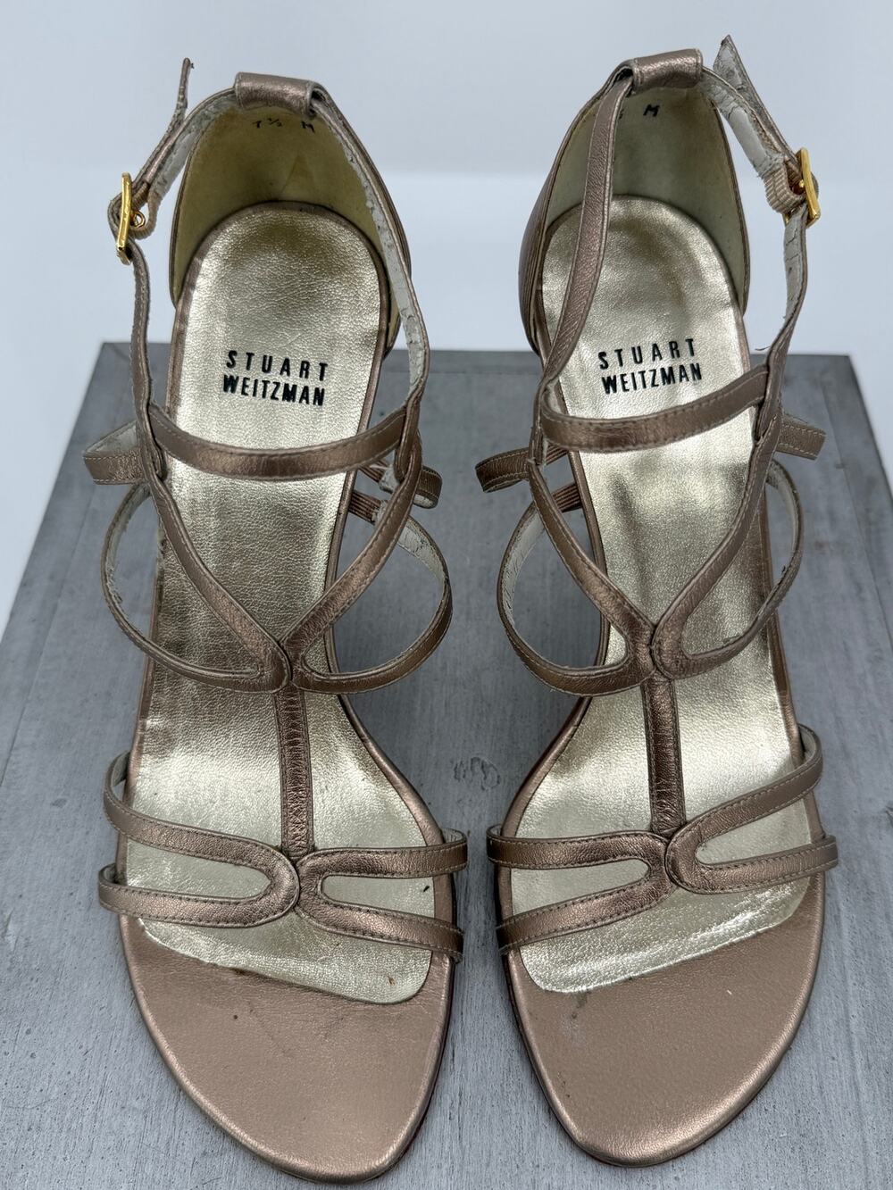 Stuart Weitzman Strappy Metallic Bronze Leather Heels Sandals Women's 7.5